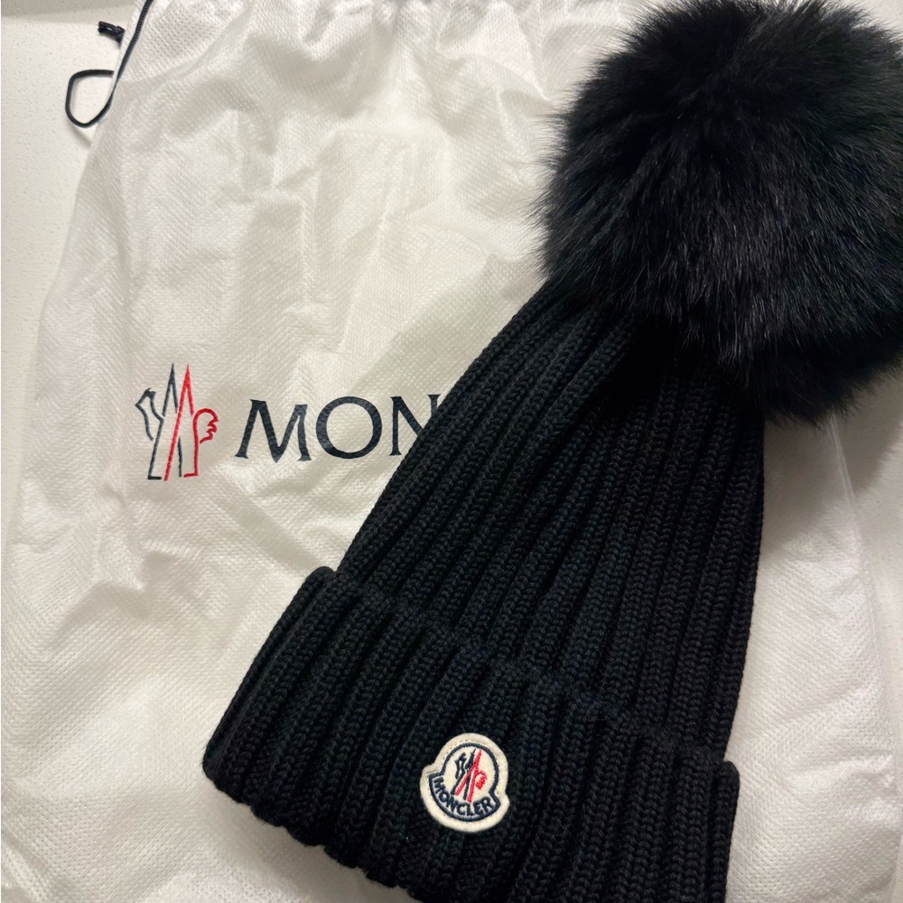 Moncler Black Ribbed Beanie with Pom-Pom